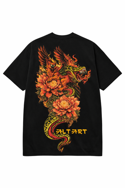 Dragon Phoenix Gothic Black Oversized T-Shirt for Women | Graphic Streetwear T-Shirt