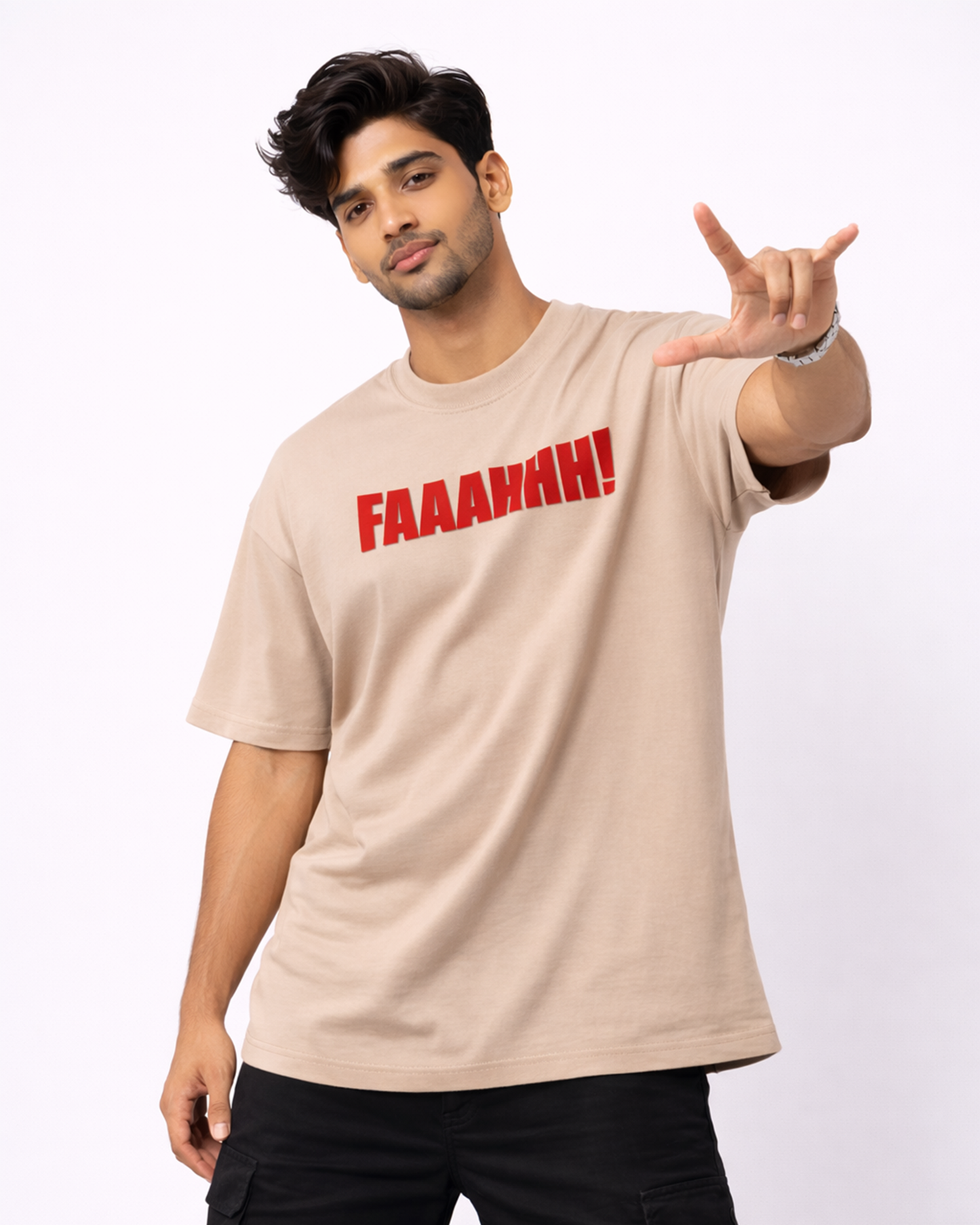 Faaahhh Viral Meme Oversized T Shirt for Men | Funny Graphic Beige Tee