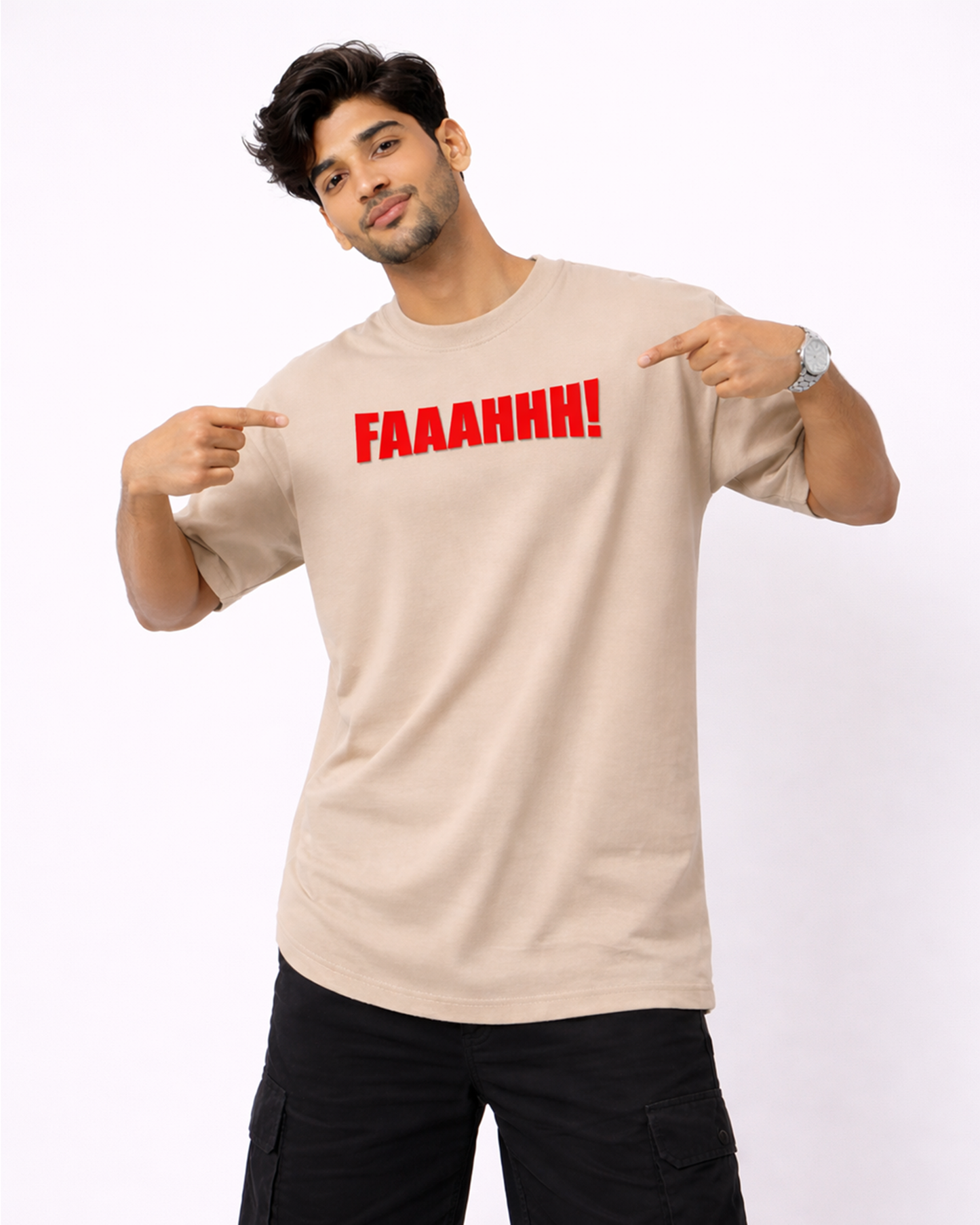 Faaahhh Viral Meme Oversized T Shirt for Men | Funny Graphic Beige Tee