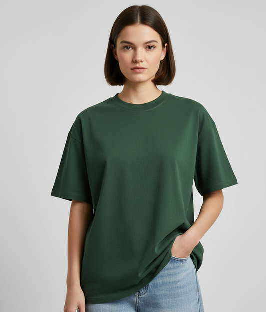 Forest Green Oversized T-Shirt for Women | Heavyweight Solid Cotton | Relaxed Drop Shoulder Fit