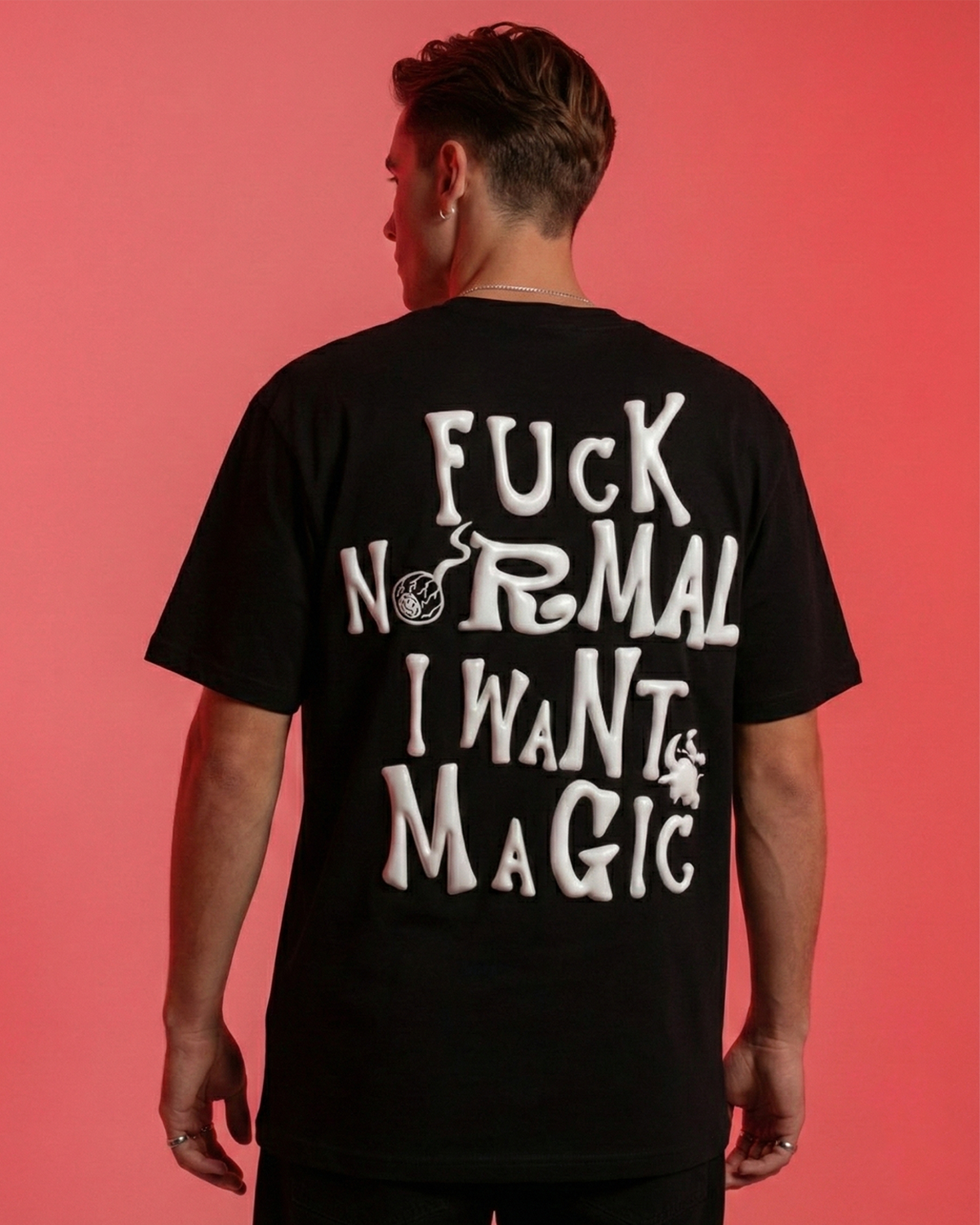I Want Magic Puff Print Black Oversized T-Shirt for Men | 3D Raised Streetwear Graphic Tee