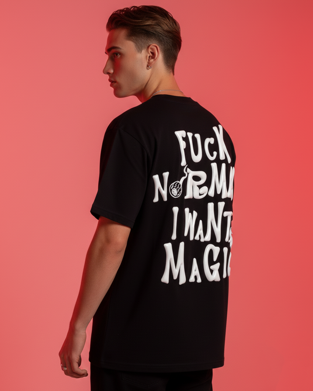 I Want Magic Puff Print Black Oversized T-Shirt for Men | 3D Raised Streetwear Graphic Tee