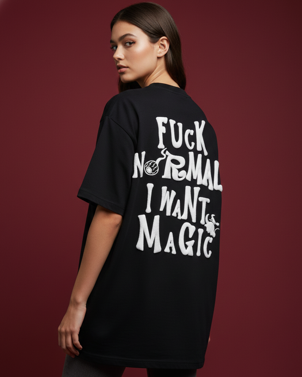 I Want Magic Puff Print Black Oversized T-Shirt for Women | 3D Raised Graphic Streetwear Tee