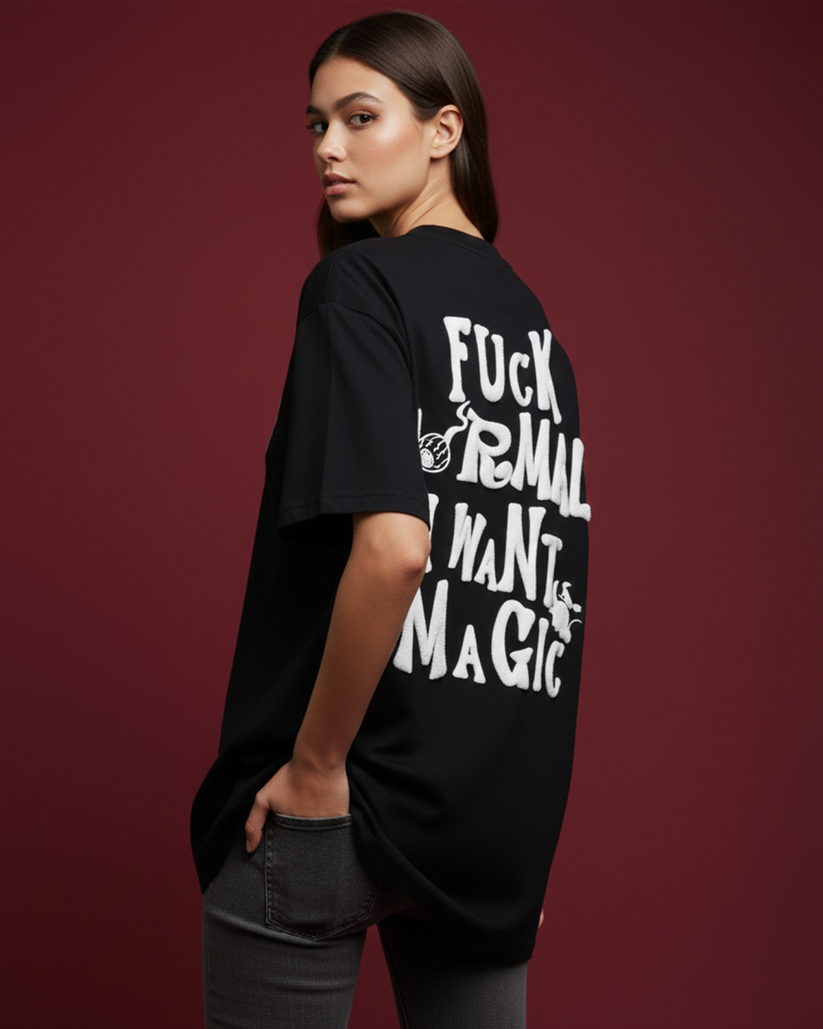 I Want Magic Puff Print Black Oversized T-Shirt for Women | 3D Raised Graphic Streetwear Tee
