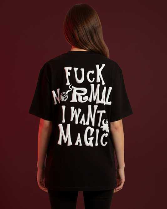 I Want Magic Puff Print Black Oversized T-Shirt for Women | 3D Raised Graphic Streetwear Tee