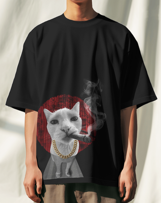 Gangster Billa Black Oversized Cat T-Shirt for Men | Funny Streetwear Graphic Printed T-Shirt