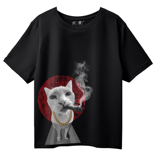 Gangster Billa Black Oversized Cat T-Shirt for Women & Girls - Funny Streetwear Graphic Printed T-Shirt