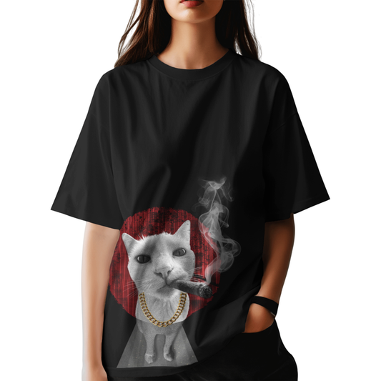Gangster Billa Black Oversized Cat T-Shirt for Women & Girls - Funny Streetwear Graphic Printed T-Shirt