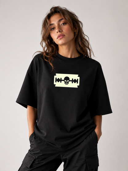 Alt Art Glow Skull Razor Oversized T Shirt for Women | Glow in Dark Skull Graphic Printed Oversized T Shirt | Gothic Boxy Fit Streetwear Tee