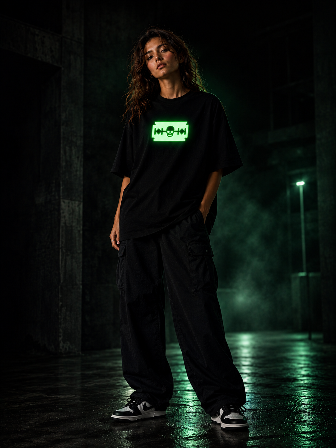 Alt Art Glow Skull Razor Oversized T Shirt for Women | Glow in Dark Skull Graphic Printed Oversized T Shirt | Gothic Boxy Fit Streetwear Tee