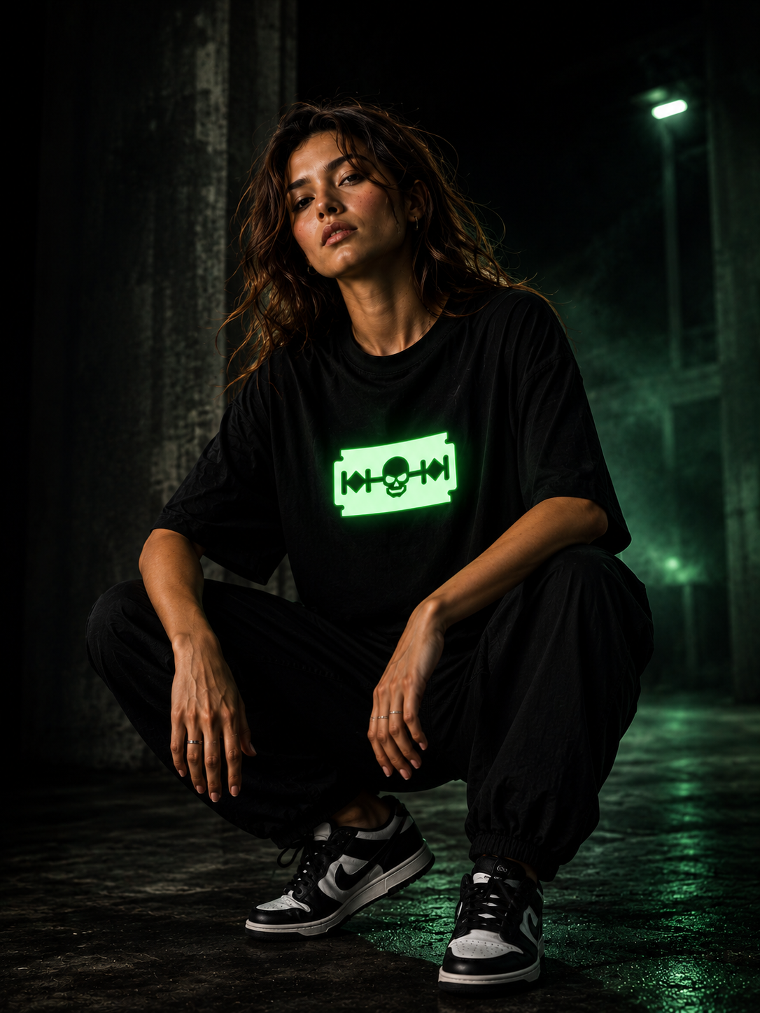 Alt Art Glow Skull Razor Oversized T Shirt for Women | Glow in Dark Skull Graphic Printed Oversized T Shirt | Gothic Boxy Fit Streetwear Tee