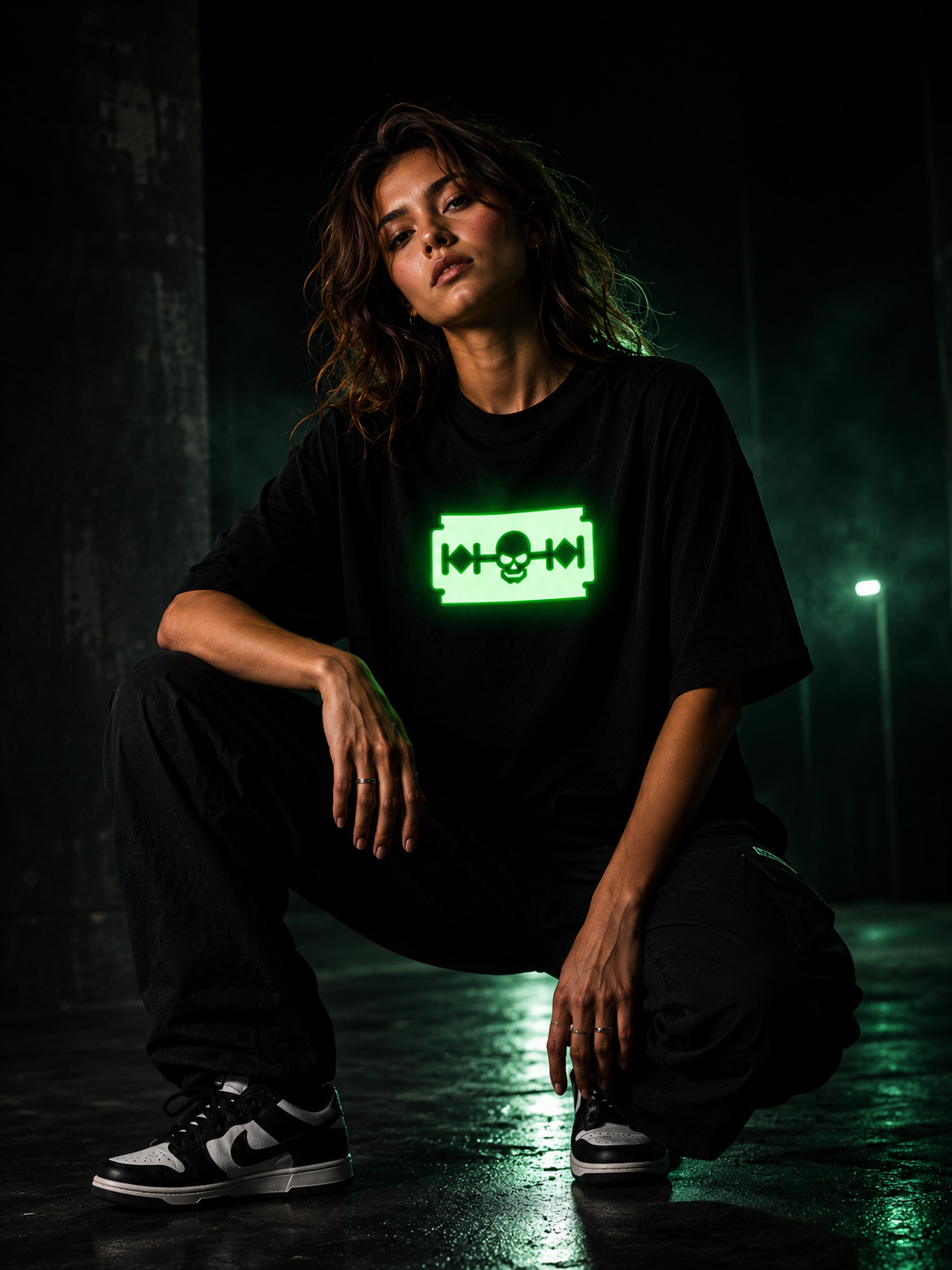 Alt Art Glow Skull Razor Oversized T Shirt for Women | Glow in Dark Skull Graphic Printed Oversized T Shirt | Gothic Boxy Fit Streetwear Tee