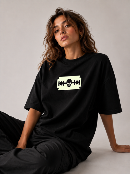 Alt Art Glow Skull Razor Oversized T Shirt for Women | Glow in Dark Skull Graphic Printed Oversized T Shirt | Gothic Boxy Fit Streetwear Tee