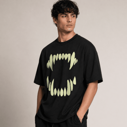 Glow in Dark Monster Mouth Oversized T Shirt for Men | Gothic Graphic Printed Black Oversized T Shirt | Boxy Fit Premium Streetwear Tee