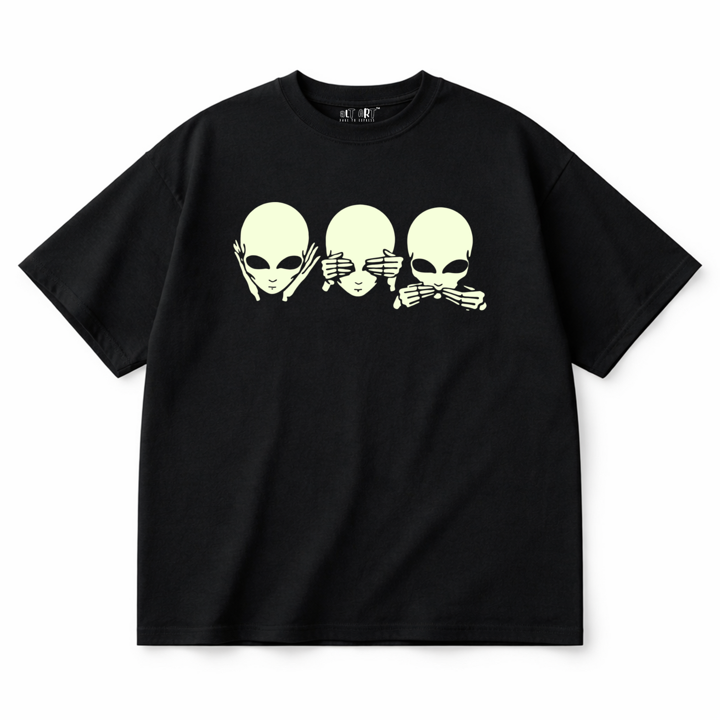 Glow in Dark Alien Oversized T Shirt for Men | See No Evil Hear No Evil Speak No Evil Graphic Tee | Gothic Streetwear Boxy Fit
