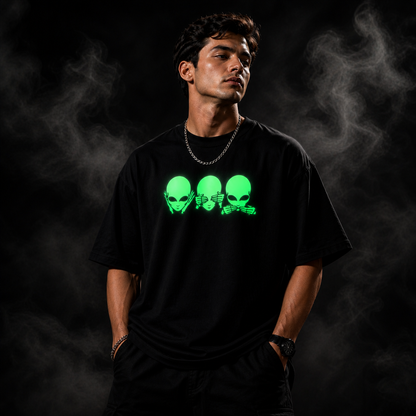 Glow in Dark Alien Oversized T Shirt for Men | See No Evil Hear No Evil Speak No Evil Graphic Tee | Gothic Streetwear Boxy Fit
