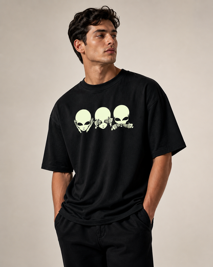 Glow in Dark Alien Oversized T Shirt for Men | See No Evil Hear No Evil Speak No Evil Graphic Tee | Gothic Streetwear Boxy Fit