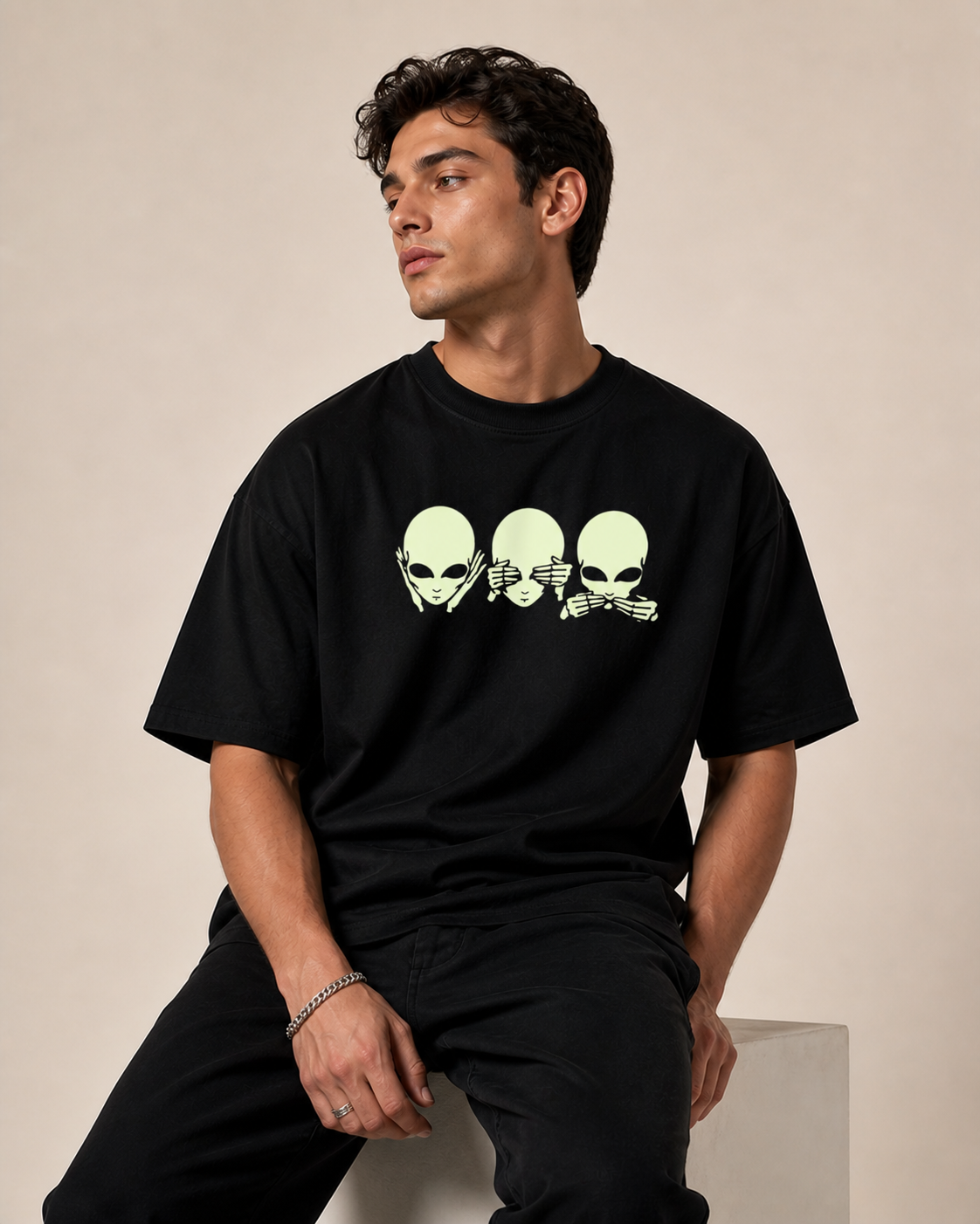 Glow in Dark Alien Oversized T Shirt for Men | See No Evil Hear No Evil Speak No Evil Graphic Tee | Gothic Streetwear Boxy Fit