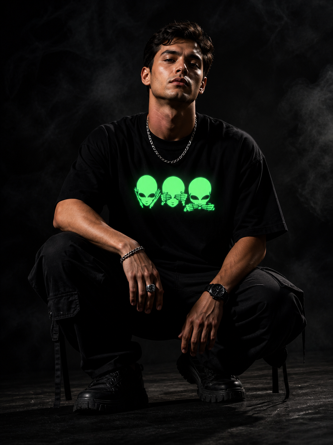 Glow in Dark Alien Oversized T Shirt for Men | See No Evil Hear No Evil Speak No Evil Graphic Tee | Gothic Streetwear Boxy Fit