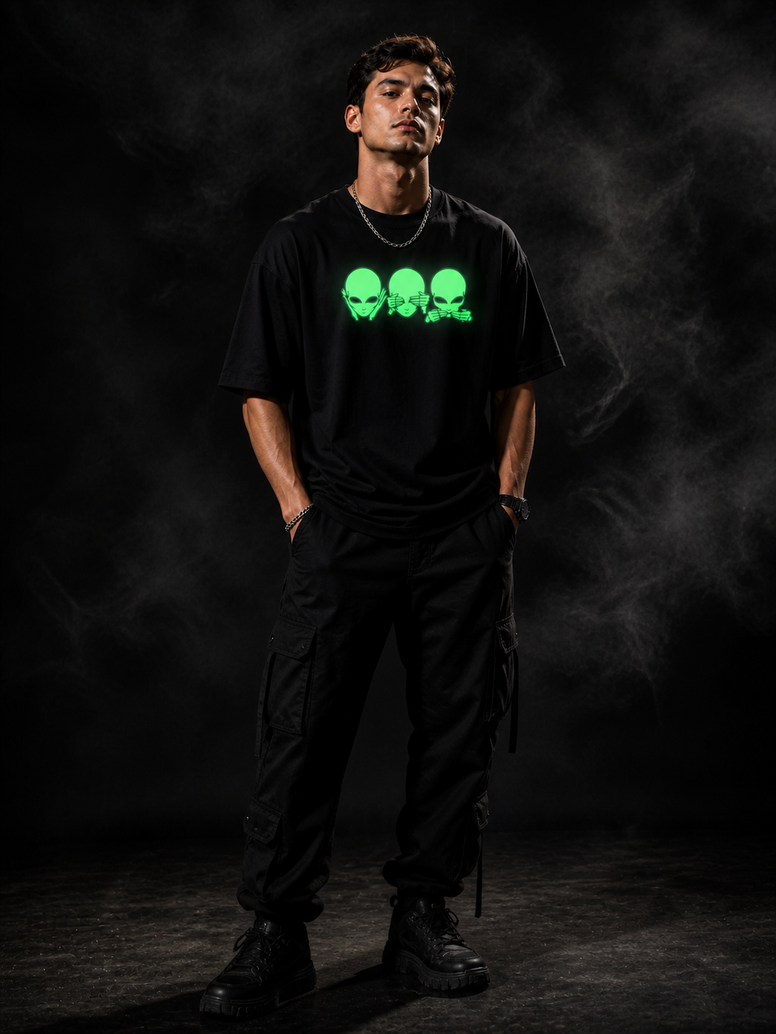 Glow in Dark Alien Oversized T Shirt for Men | See No Evil Hear No Evil Speak No Evil Graphic Tee | Gothic Streetwear Boxy Fit