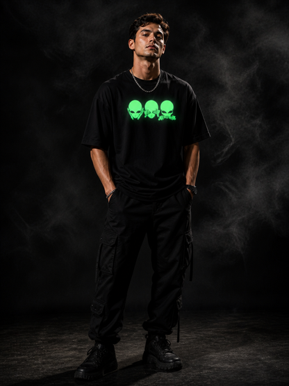 Glow in Dark Alien Oversized T Shirt for Men | See No Evil Hear No Evil Speak No Evil Graphic Tee | Gothic Streetwear Boxy Fit