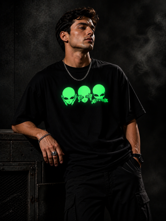 Glow in Dark Alien Oversized T Shirt for Men | See No Evil Hear No Evil Speak No Evil Graphic Tee | Gothic Streetwear Boxy Fit