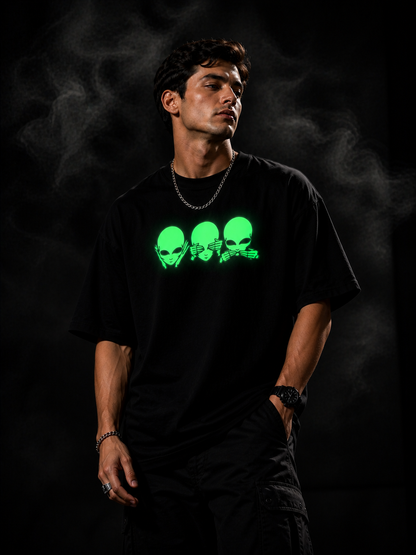 Glow in Dark Alien Oversized T Shirt for Men | See No Evil Hear No Evil Speak No Evil Graphic Tee | Gothic Streetwear Boxy Fit