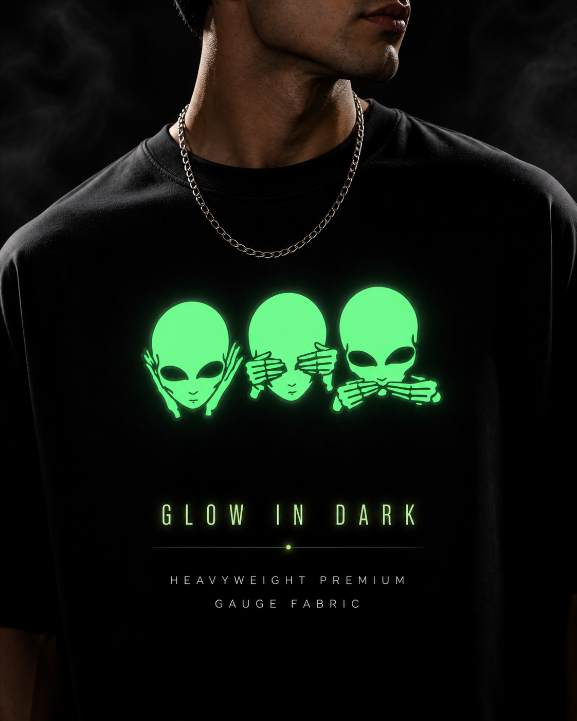 Glow in Dark Alien Oversized T Shirt for Men | See No Evil Hear No Evil Speak No Evil Graphic Tee | Gothic Streetwear Boxy Fit