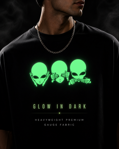 Glow in Dark Alien Oversized T Shirt for Men | See No Evil Hear No Evil Speak No Evil Graphic Tee | Gothic Streetwear Boxy Fit