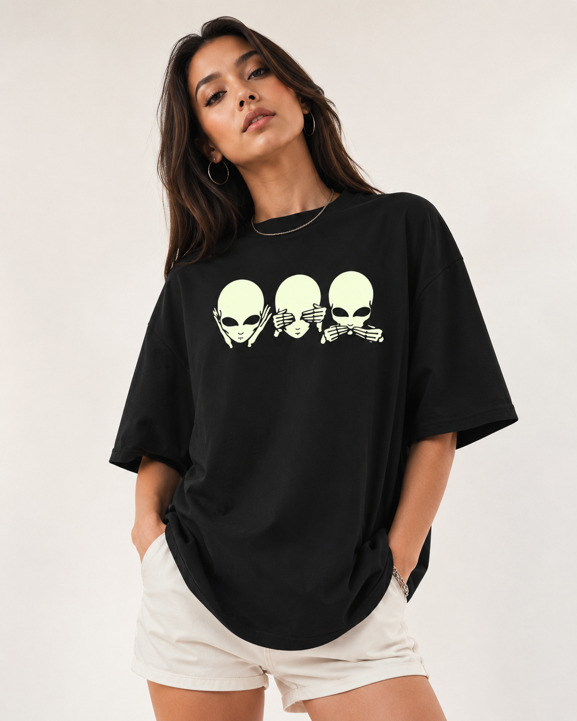 Glow in Dark Alien Oversized T Shirt for Women | See No Evil Hear No Evil Speak No Evil Graphic Tee | Gothic Streetwear Boxy Fit
