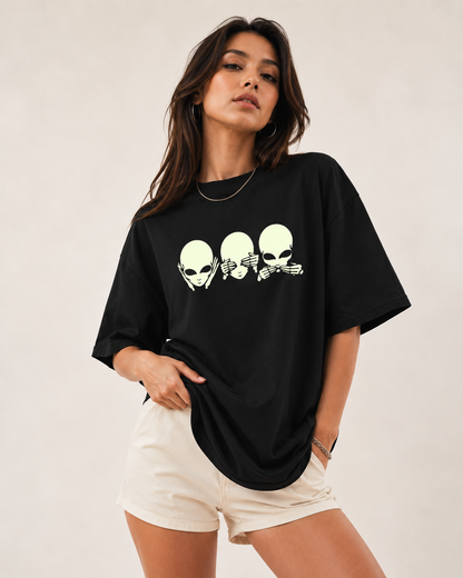 Glow in Dark Alien Oversized T Shirt for Women | See No Evil Hear No Evil Speak No Evil Graphic Tee | Gothic Streetwear Boxy Fit