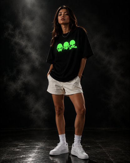 Glow in Dark Alien Oversized T Shirt for Women | See No Evil Hear No Evil Speak No Evil Graphic Tee | Gothic Streetwear Boxy Fit