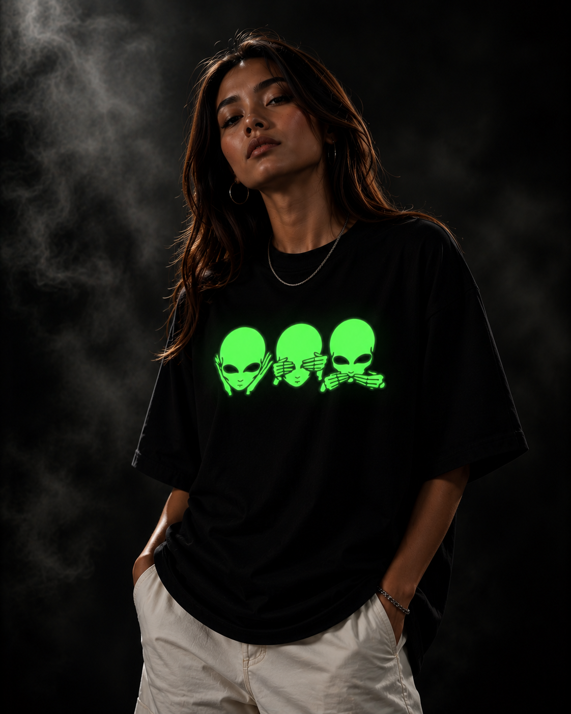 Glow in Dark Alien Oversized T Shirt for Women | See No Evil Hear No Evil Speak No Evil Graphic Tee | Gothic Streetwear Boxy Fit