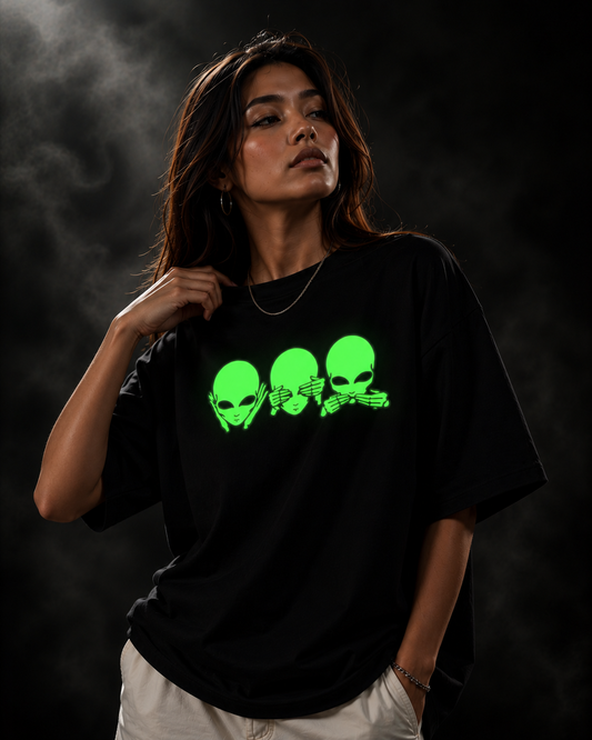 Glow in Dark Alien Oversized T Shirt for Women | See No Evil Hear No Evil Speak No Evil Graphic Tee | Gothic Streetwear Boxy Fit