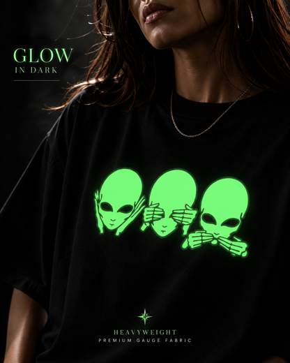 Glow in Dark Alien Oversized T Shirt for Women | See No Evil Hear No Evil Speak No Evil Graphic Tee | Gothic Streetwear Boxy Fit