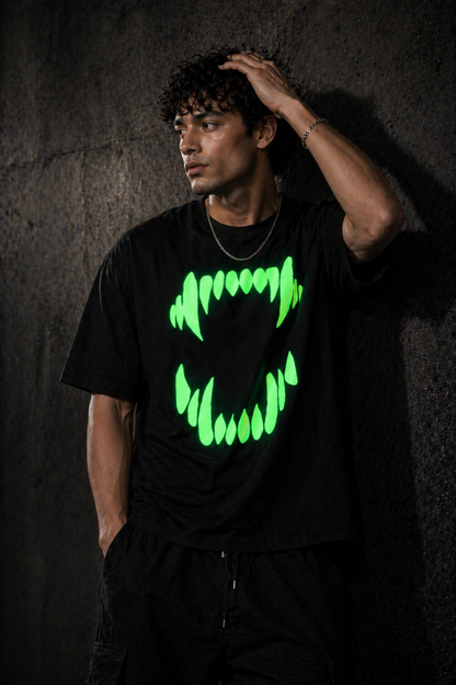 Glow in Dark Monster Mouth Oversized T Shirt for Men | Gothic Graphic Printed Black Oversized T Shirt | Boxy Fit Premium Streetwear Tee