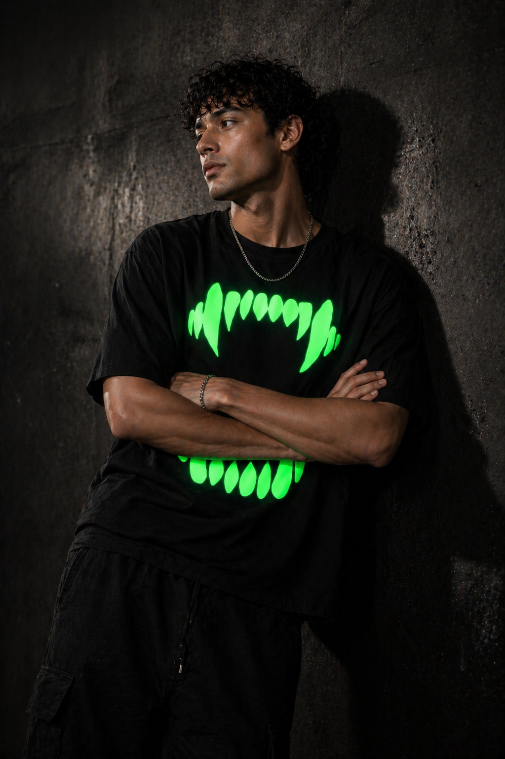Glow in Dark Monster Mouth Oversized T Shirt for Men | Gothic Graphic Printed Black Oversized T Shirt | Boxy Fit Premium Streetwear Tee