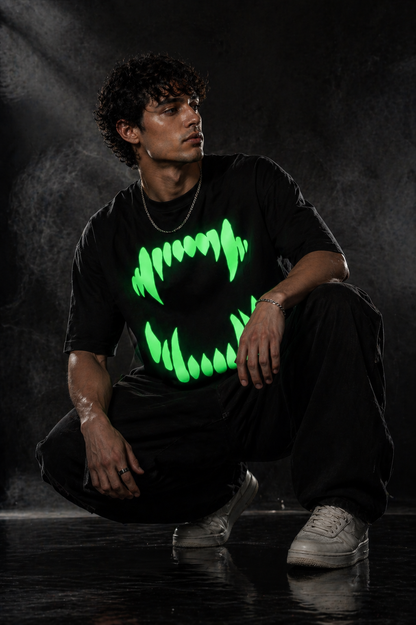 Glow in Dark Monster Mouth Oversized T Shirt for Men | Gothic Graphic Printed Black Oversized T Shirt | Boxy Fit Premium Streetwear Tee