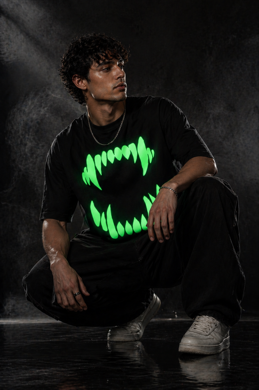 Glow in Dark Monster Mouth Oversized T Shirt for Men | Gothic Graphic Printed Black Oversized T Shirt | Boxy Fit Premium Streetwear Tee