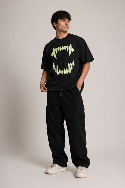 Glow in Dark Monster Mouth Oversized T Shirt for Men | Gothic Graphic Printed Black Oversized T Shirt | Boxy Fit Premium Streetwear Tee