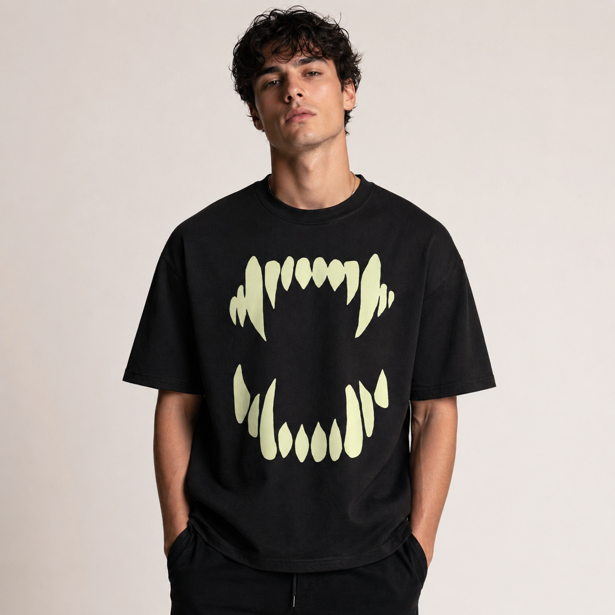 Glow in Dark Monster Mouth Oversized T Shirt for Men | Gothic Graphic Printed Black Oversized T Shirt | Boxy Fit Premium Streetwear Tee
