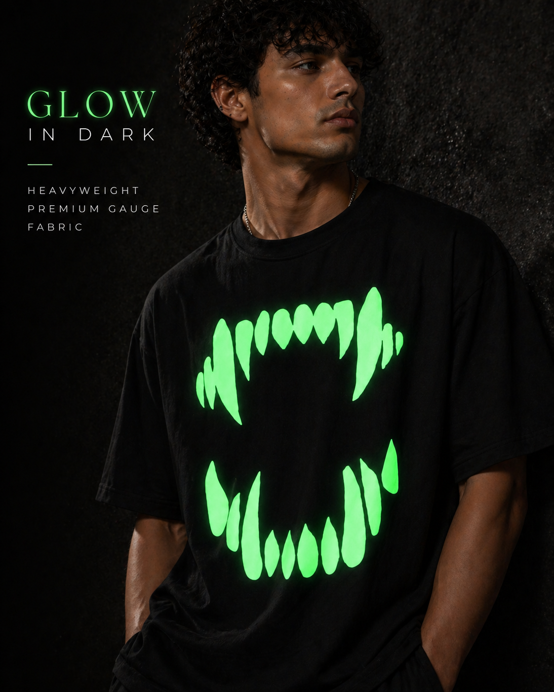 Glow in Dark Monster Mouth Oversized T Shirt for Men | Gothic Graphic Printed Black Oversized T Shirt | Boxy Fit Premium Streetwear Tee