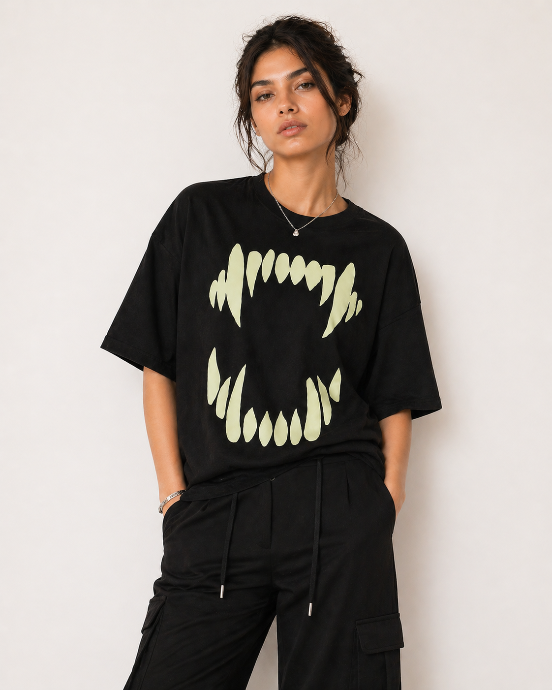 Glow in Dark Monster Mouth Oversized T Shirt for Women | Gothic Graphic Printed Black Oversized T Shirt | Boxy Fit Premium Streetwear Tee