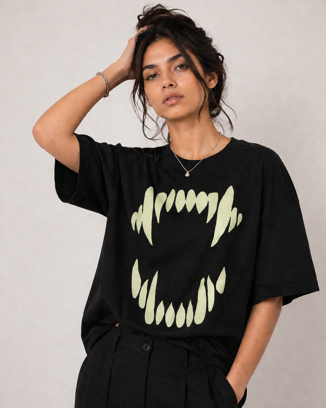 Glow in Dark Monster Mouth Oversized T Shirt for Women | Gothic Graphic Printed Black Oversized T Shirt | Boxy Fit Premium Streetwear Tee