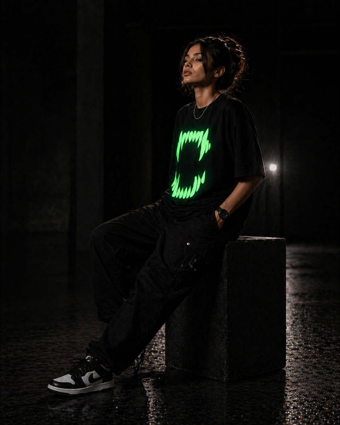 Glow in Dark Monster Mouth Oversized T Shirt for Women | Gothic Graphic Printed Black Oversized T Shirt | Boxy Fit Premium Streetwear Tee