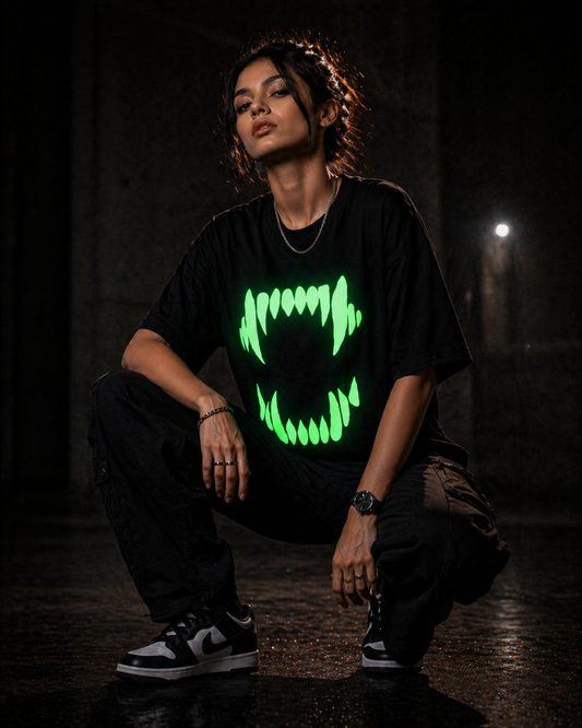 Glow in Dark Monster Mouth Oversized T Shirt for Women | Gothic Graphic Printed Black Oversized T Shirt | Boxy Fit Premium Streetwear Tee