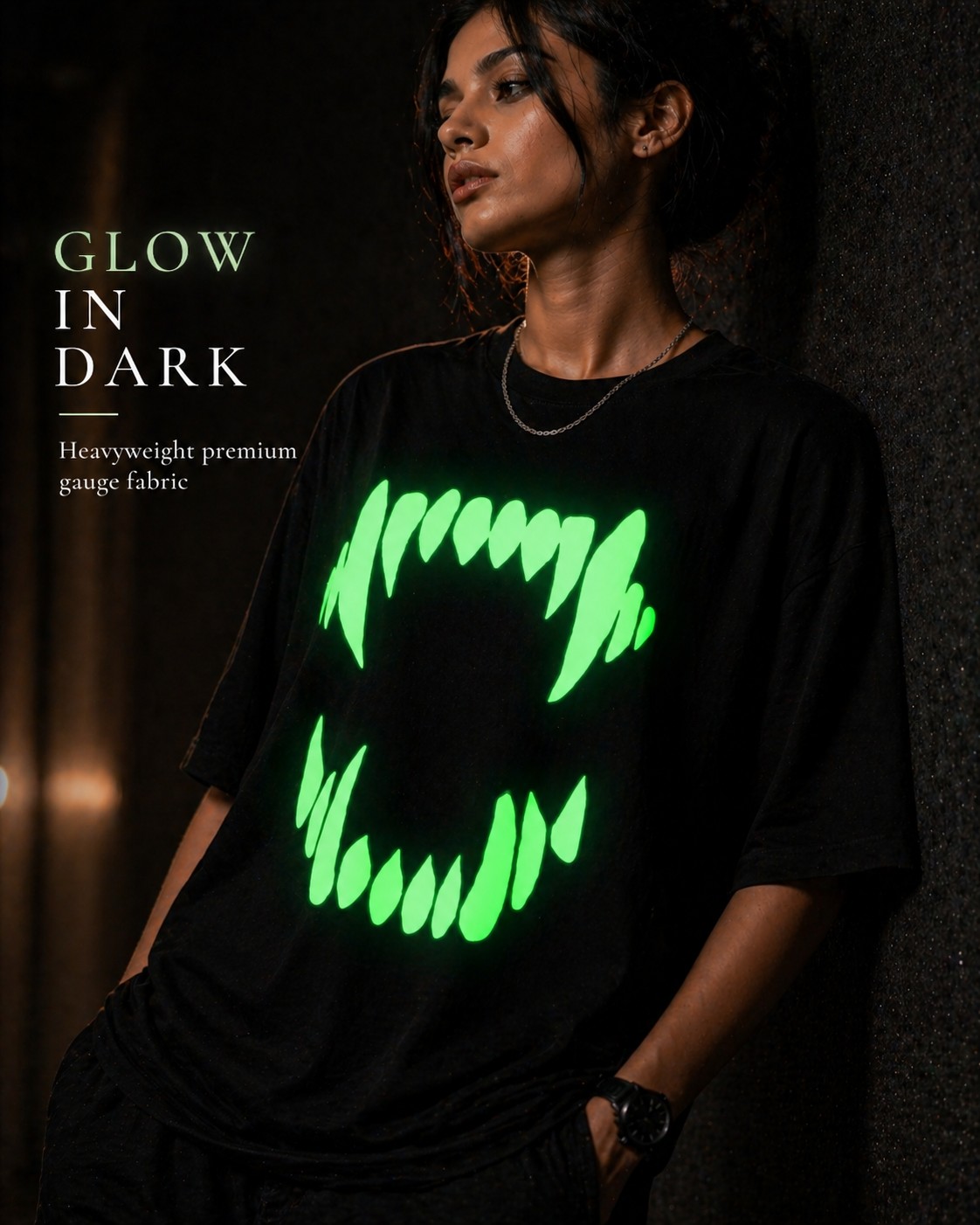 Glow in Dark Monster Mouth Oversized T Shirt for Women | Gothic Graphic Printed Black Oversized T Shirt | Boxy Fit Premium Streetwear Tee