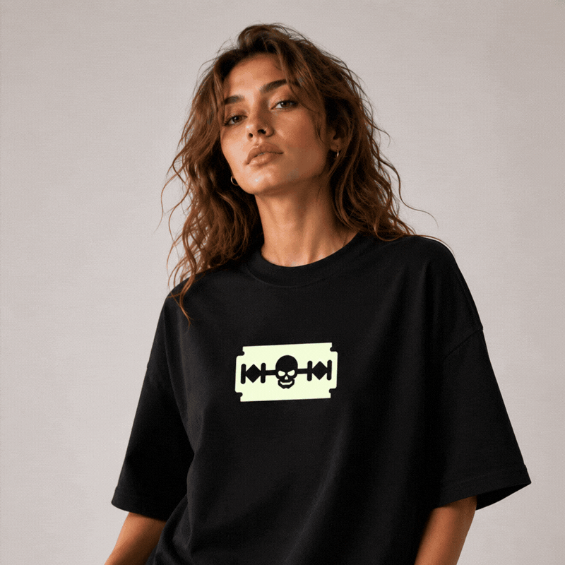 Alt Art Glow Skull Razor Oversized T Shirt for Women | Glow in Dark Skull Graphic Printed Oversized T Shirt | Gothic Boxy Fit Streetwear Tee