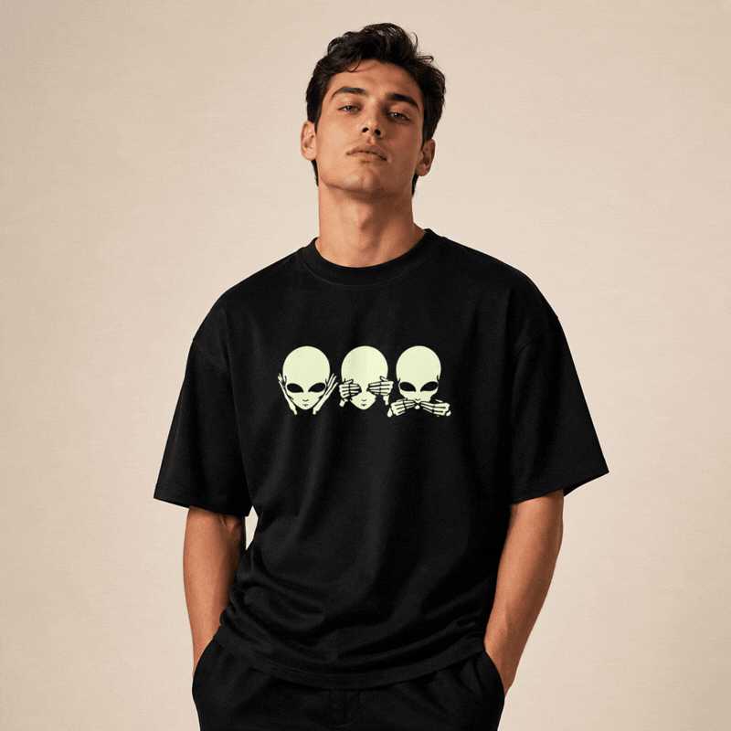 Glow in Dark Alien Oversized T Shirt for Men | See No Evil Hear No Evil Speak No Evil Graphic Tee | Gothic Streetwear Boxy Fit