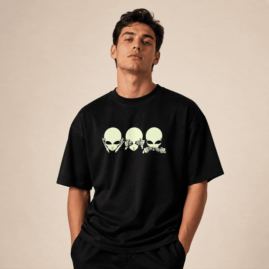 Glow in Dark Alien Oversized T Shirt for Men | See No Evil Hear No Evil Speak No Evil Graphic Tee | Gothic Streetwear Boxy Fit